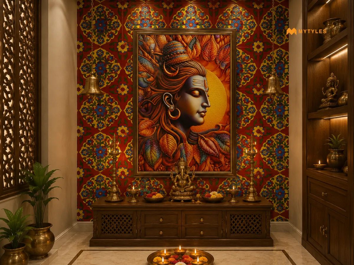 Decorative Red Motif Tile in Pooja Room